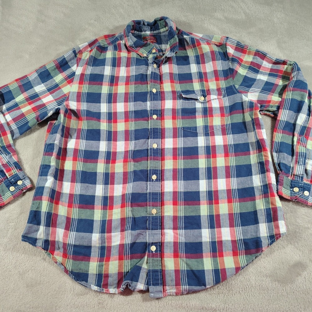 Merona Shirt Men XL Blue Plaid Cowboy Farmer Linen 60/Cotton 40 Tailored Long Sl